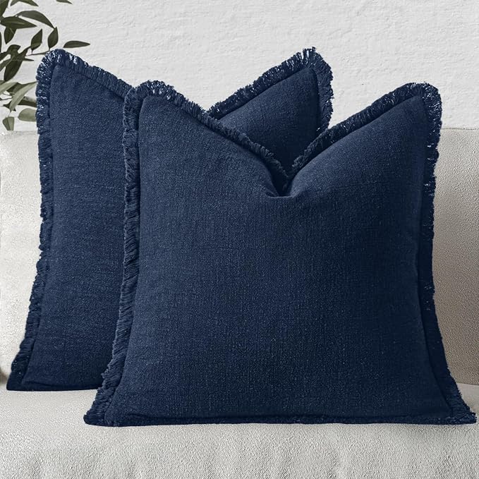 MIULEE Linen Fringe Decorative Euro Throw Pillow Covers Dark Navy 22x22 | Set of 2, Cottagecore Decor, Boho Farmhouse Coastal Pillow Covers, Rustic Couch Cushion Cases for Sofa Bed Living Room