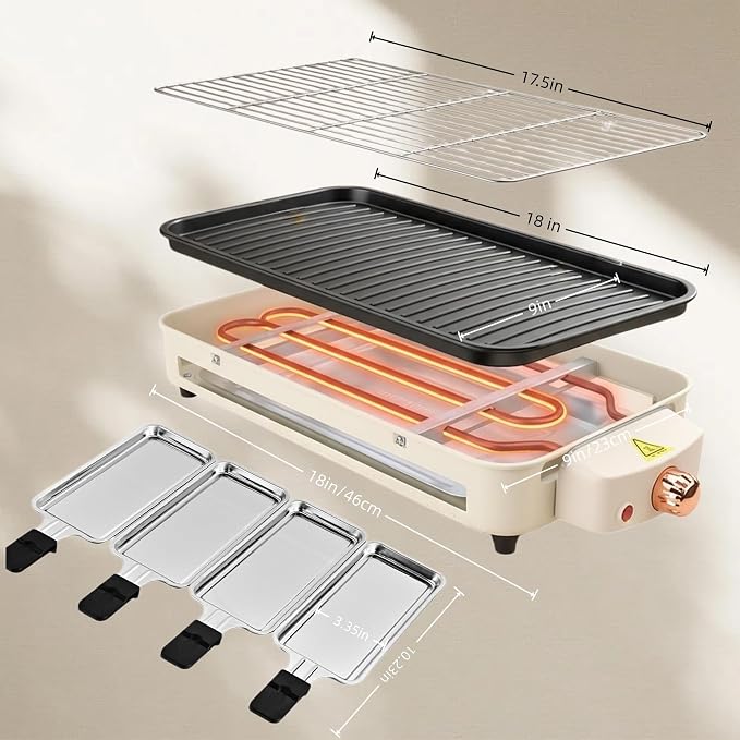 Electric Indoor Grill, 3 in 1 Smokeless Indoor Grills with Non-stick Removable Grill & Griddle Plate, Portable Korean BBQ Grills with 4 Cheese Pans, Adjustable Temperature Control, 1500W (Beige)