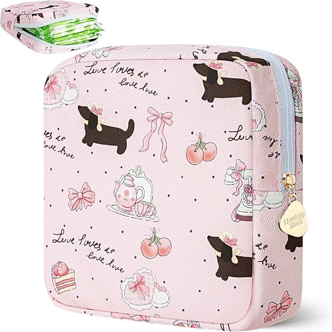 Sanitary Pad Storage Bag Portable Period Bag for Teen Pads/Sanitary Napkins/Small Tampons, Sanitary Napkin Storage Bag First Period Gifts for Teen Girls (Bowknot Dachshund)