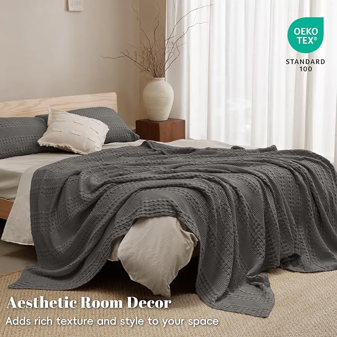 PHF 100% Cotton Waffle Blanket Twin Size, Lightweight Breathable Summer Blanket for Hot Sleepers, Pre-Washed Soft Layer for Bed, Dorm, Couch & Guest Room, Home Decor Gift, 66"x90", Charcoal Grey