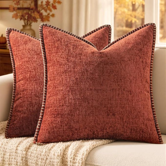 MIULEE Fall Decorative Couch Throw Pillow Covers 18x18 Inch Burnt Orange | 2 Pack, Terracotta Farmhouse Pillow Covers with Stitched Edge, Soft Chenille Cushion Cases, Sofa Bed Living Room Home Decor