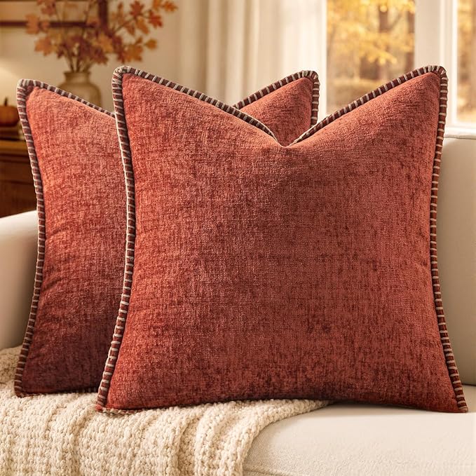MIULEE Fall Decorative Couch Throw Pillow Covers 16x16 Inch Burnt Orange | 2 Pack, Terracotta Farmhouse Pillow Covers with Stitched Edge, Soft Chenille Cushion Cases, Sofa Bed Living Room Home Decor
