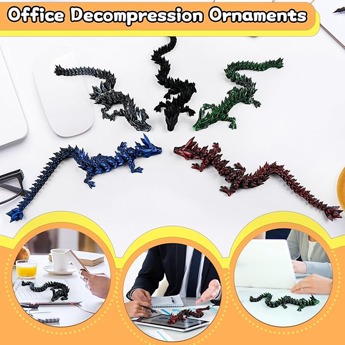 5PCS Dark Series 12" 3D Printed Dragon Set – Articulated Crystal Dragons, Cool Desk Toys for Adults & Teens, Unique 3D Printed Animals, Gothic Fantasy Decor, Novelty Gift for Men & Boys