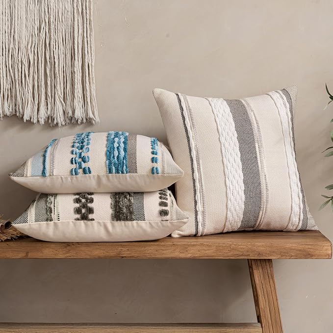 ANRODUO Boho Decorative Throw Pillow Covers White Stripe 18x18 Pack of 2 | Throw Pillow Covers, Farmhouse Cushion Case, Chenille Pillow Cases, Pillow Covers, Neutral Pillowcase for Sofa Couch Bed