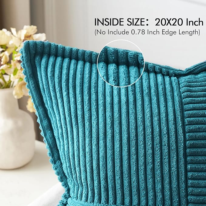 MIULEE Decorative Throw Pillow Covers for Couch 20x20 Inch Teal Blue 2 Pack | Boho Broadside Striped Patchwork Pillow Covers, Soft Corduroy Cushion Cases, For Sofa Bed Livingroom Home Decor