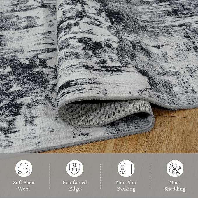 Rugflix 5x8 Area Rugs for Living Room, Washable Black Grey Dark Large Rug | Machine Washable; Stain-Resistant; Low Pile; Non-Slip; Modern Abstract; Carpet for Bedroom Dining Office Nursery Home