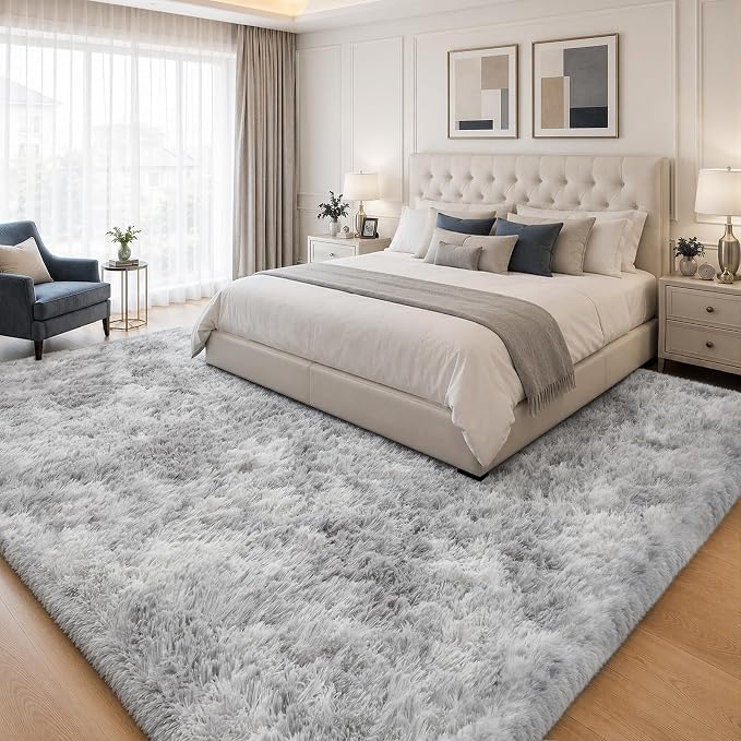 Area Rug for Living Room Bedroom: 9x12 Light Grey Soft Fluffy Shag Upgrade Non-Slip High Pile Carpet Large Fuzzy Plush Indoor Floor Decor Shaggy Rug for Kid Boys Girls Playroom Nursery Modern Home