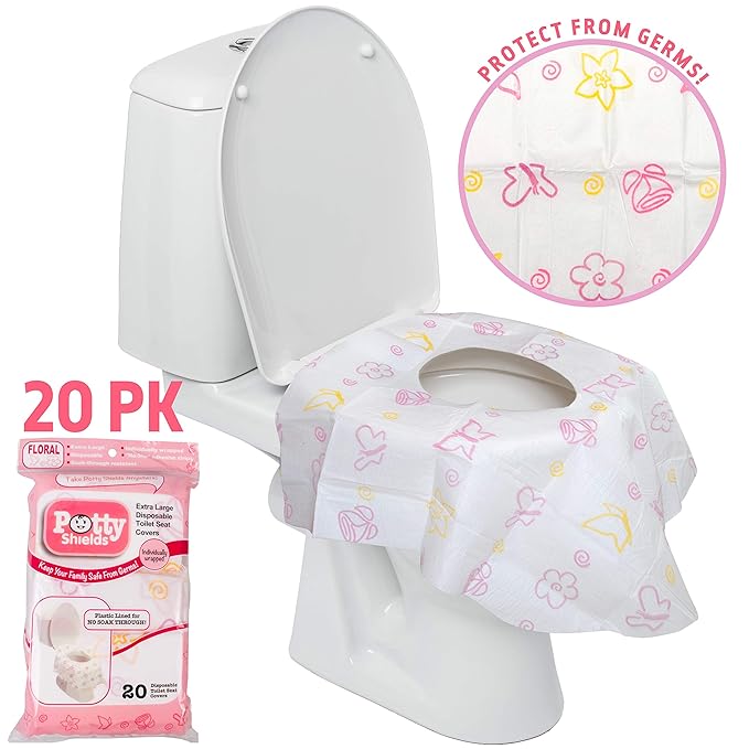 Toilet Seat Covers Disposable (20 Pack, Floral) - XL Waterproof Toilet Cover for Toddlers, Kids & Adults - Portable & Individually Wrapped for Travel, Potty Training & Public Restrooms