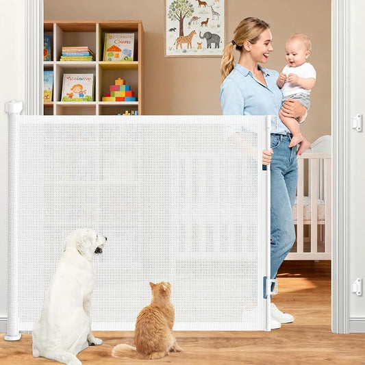 71 Inch Retractable Baby Gates Extra Wide, 41 Inch Reinforced Extra Tall Gate Mesh Safety Gate for Kids Pets, Retractable Dog Gate Baby Retractable Gate for Stair Hallway Doorway Indoor Outdoor, White