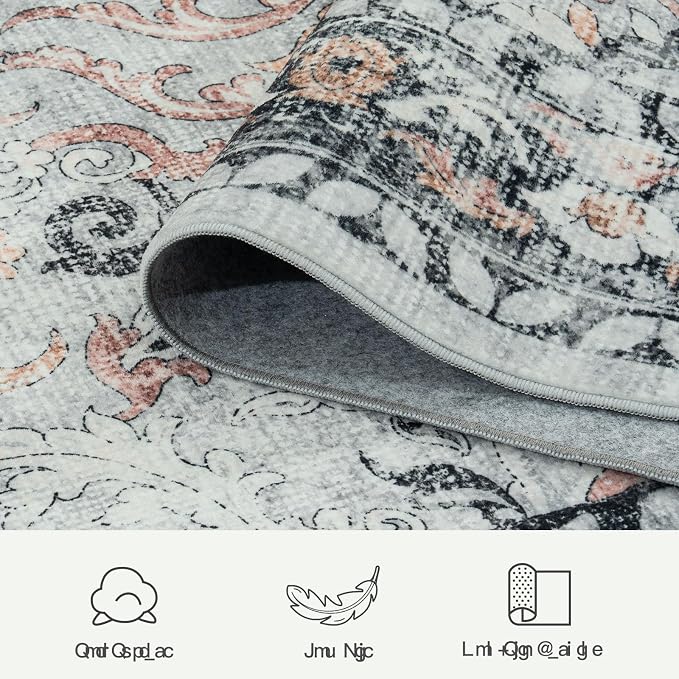 8x10 Area Rugs for Living Room Washable Non-Slip Large Carpet, Grey/Blush | Soft Area Rug for Bedroom Dining Room Home Office Indoor Nursery, Stain Resistant, Low Pile, Vintage Distressed Rug
