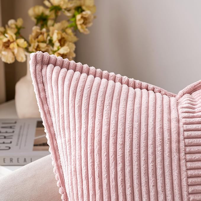 MIULEE Decorative Throw Pillow Covers for Couch 20x20 Inch Pink 2 Pack | Boho Broadside Striped Patchwork Pillow Covers, Soft Corduroy Cushion Cases, For Sofa Bed Livingroom Home Decor