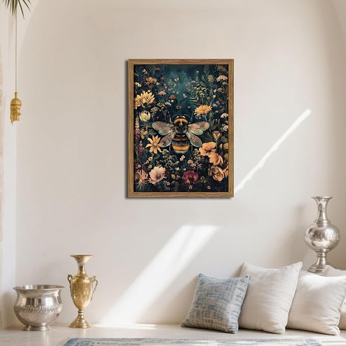 Vintage Framed Wall Art Bee Canvas Prints, Dark College Animals Flowers Wall Decor, Nature Botanical Pictures Art Home Decor for Living Room Bedroom – Dark Wooden Frame 12x16in