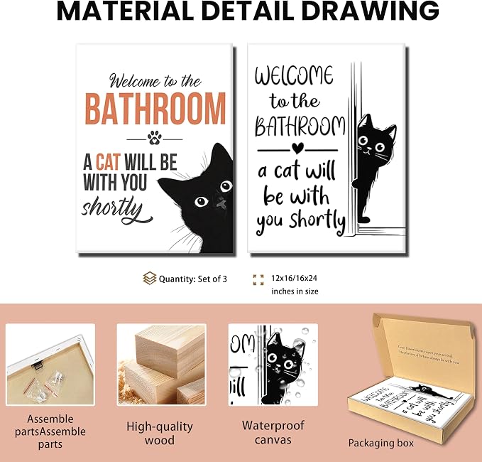 MUWAK Funny Welcome to the Bathroom Slogan Wall Art Set of 2 – Cat will Be With You Shortly Canvas Prints, Funny Bathroom Sign Pictures Wall Decor for Restroom, Washroom – 12x16in