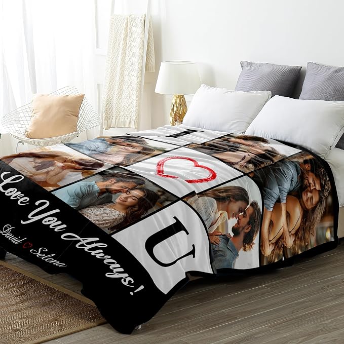 SHIPS NEXT DAY Custom Blanket with Picture Text Personalized Photos Blanket Customized Valentines Day Christmas Wedding Birthday Gifts for Couples Boyfriend Girlfriend Him Her Customize Blankets