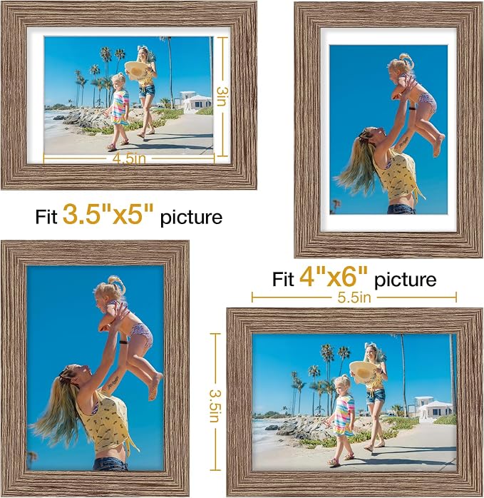Vittanly 4x6 Picture Frames Set of 9 for Wall Mount or Tabletop, Dark Oak | Display Pictures 3.5x5 with Mat or 4x6 without Mat, Small Photo Frames, Engineered Wood with Shatter Resistant Plexiglass