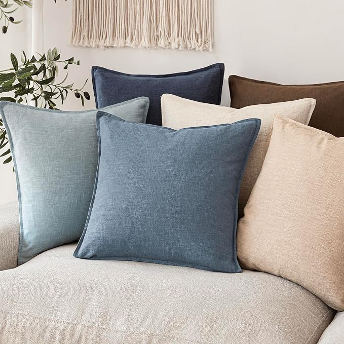 Foindtower Set of 2, Decorative Linen Solid Throw Pillow Covers Soft Accent Euro Cushion Case Boho Farmhouse Neutral Pillowcase for Couch Sofa Bedroom Living Room Home Decor 26 x 26 Inch Misty Blue