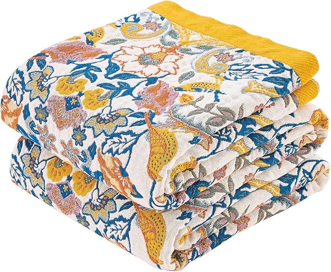 XIBLC Boho Blanket Throw Quilt, 100% Cotton Soft Light Weight Throw Blankets for Summer, 90"x98" Farmhouse Flower Decorative Blankets, All Season Rustic Reversible Bohemian Throw Quilt