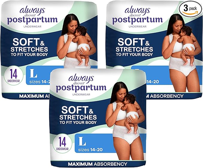 Always Discreet Postpartum and Adult Incontinence Underwear for Women, Large, Maximum Protection, 14 Count (Pack of 3)