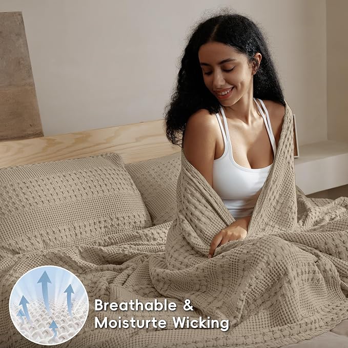 PHF 100% Cotton Waffle Blanket Twin Size, Lightweight Breathable Summer Blanket for Hot Sleepers, Pre-Washed Soft Layer for Bed, Dorm, Couch & Guest Room, Home Decor Gift, 66"x90", Taupe