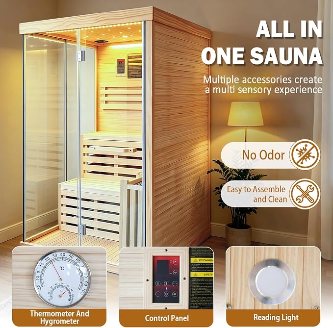 Steam Sauna, Traditional 2-4 Person Indoor Sauna with 3000W Stove Heater | Chilean Pine Wood Sauna Room with Wooden Barrel and Spoon, Sauna Stone, Hygrometer, Cup Holder, LED Lighting, Speaker