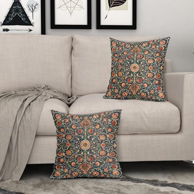 Vintage Floral Pillow Covers 20X20 Inch Set of 2 Burnt Orange Flowers Botanical Decorative Square Pillow Cases Navy Blue Art Cushion Case Farmhouse Home Decor for Sofa Couch Bedroom Outdoor