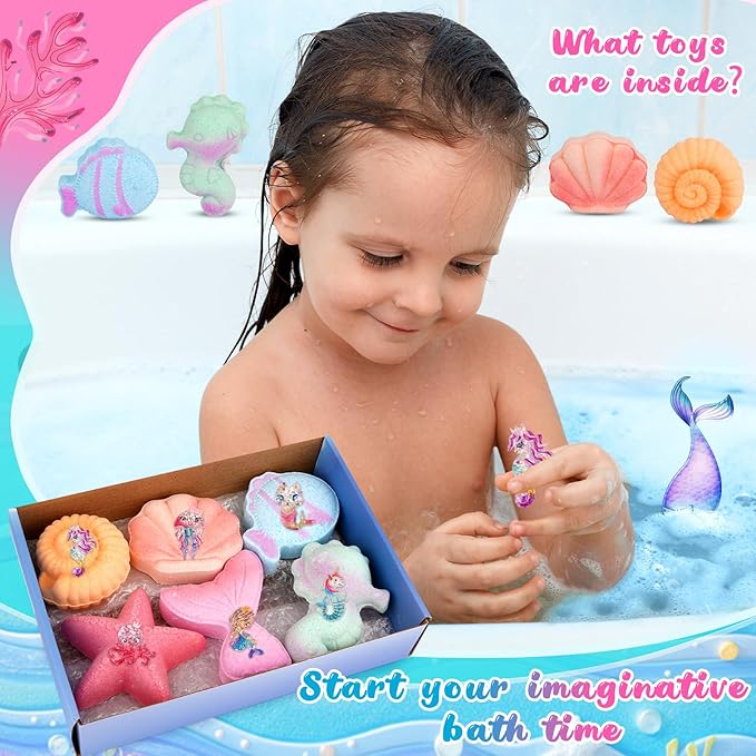 Kids Bath Bombs with Surprise Inside, 6PCS Mermaid Bath Bombs for Kids, Organic Essential Oil Bubble Bathbombs Birthday Valentines Gift for 3-8 Girls Princess Party Favors