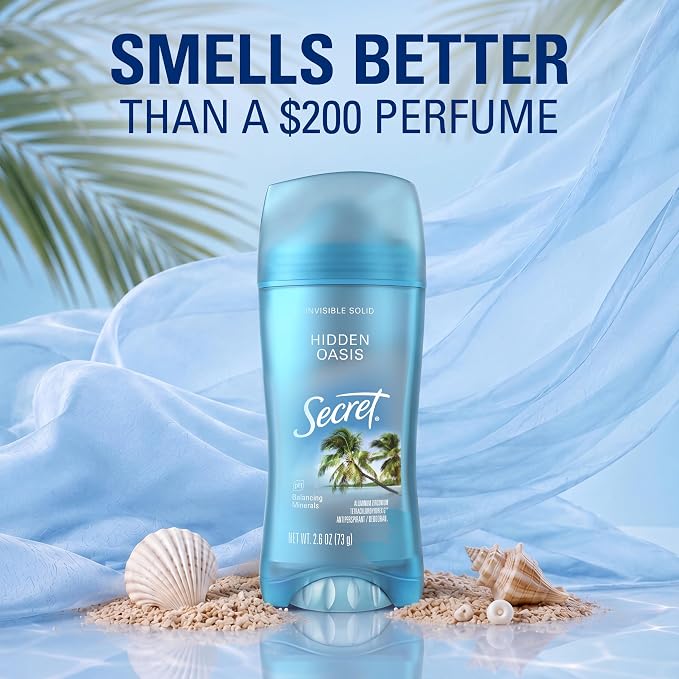 Secret Fresh Antiperspirant Deodorant for Women, 72hr Breathable Sweat & Odor Protection, Instant Freshness & Gentle, PH Balancing Minerals, Invisible Solid, Hidden Oasis Scent, 2.6 oz