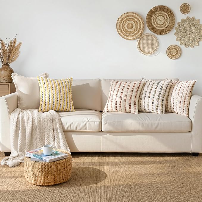 ANRODUO Boho Decorative Throw Pillow Covers Cream Rust 20x20 Inch Set of 2 | Chenille Tufted Pillow Covers, Woven Throw Pillow Covers with Raised Stripes, Neutral Pillowcase for Couch Sofa Living Room