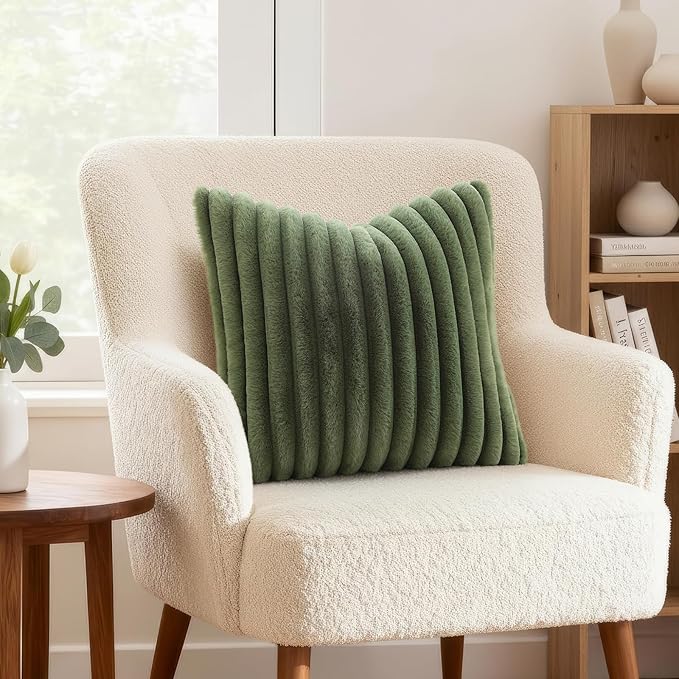 decorUhome Fall Faux Fur Throw Pillow Covers 12x20 Set of 2 Olive Green | Decorative Soft Cozy Striped Plush Modern Farmhouse Boho Couch Pillow Cases Velvet Back for Sofa Bed Living Room Home Decor
