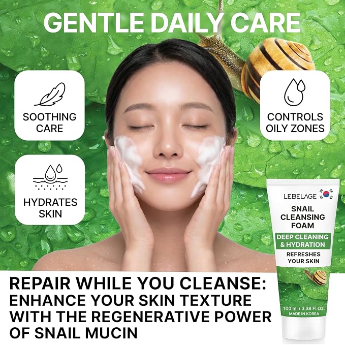 LEBELAGE Korean Snail Facial Cleanser 3.38 oz | Cleansing Foam Face Wash | Low pH Gentle Hydrating Daily Facial Cleanser Sensitive Skin | Deep Cleansing Foaming Cleanser, Pore Care-All Skin Types