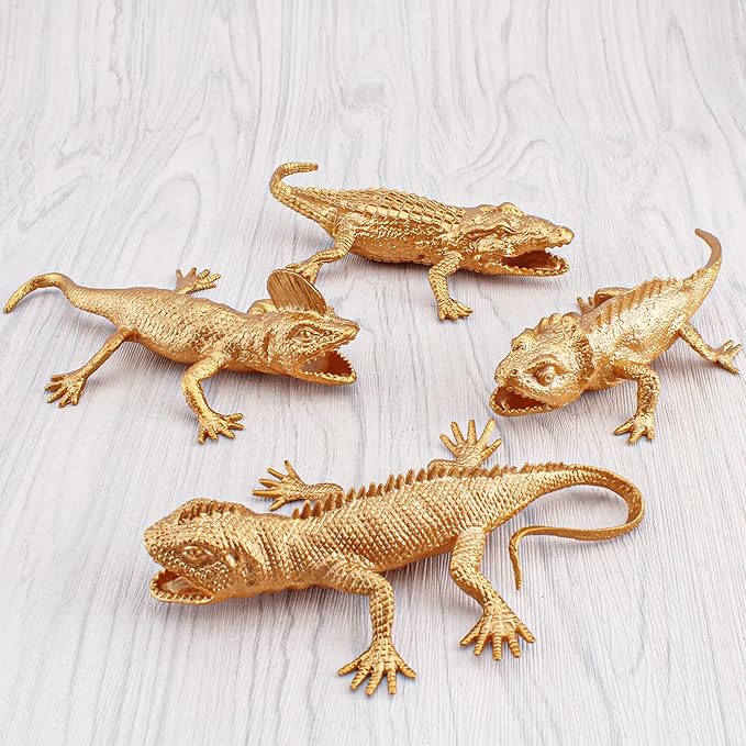 Golden Lizard Cake Topper Crocodile Toy Set for 4PCS Gold Alligator Cupcake Decorations Chameleon Cake Decorations for Boys 4 Inch for Kids Toddlers Birthday Gift