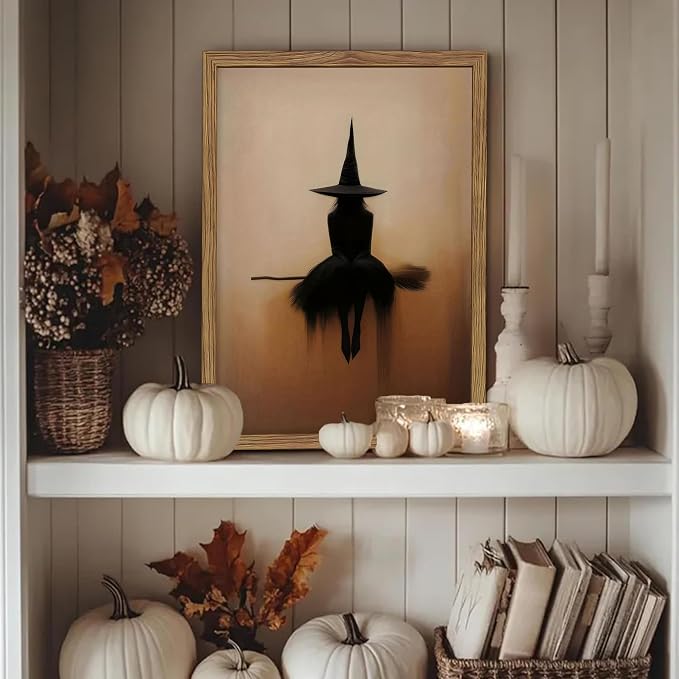 Framed Vintage Witch Wall Art, Minimalist Halloween Witch Canvas Prints, Spooky Gothic Dark Academia Witches Painting, Rustic Aesthetic Halloween Wall Decor for Bedroom Living Room 12x16 inch