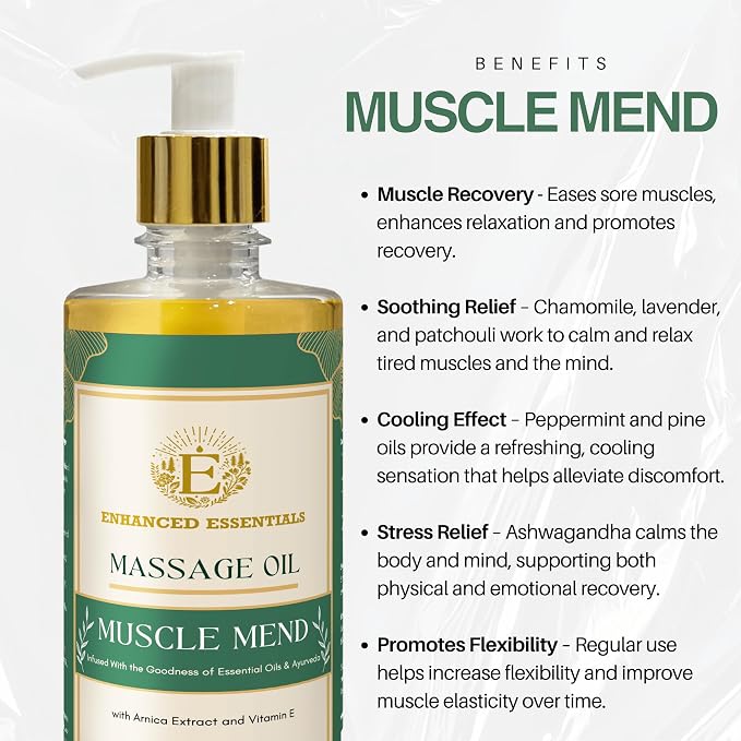 Muscle Mend| Muscle Recovery Massage Oil with Arnica, Ashwagandha & Essential Oils| Soothing,Non-Greasy, Fast-Absorbing| Use Post-Workout or Bedtime | 500ml (16.9 fl oz)
