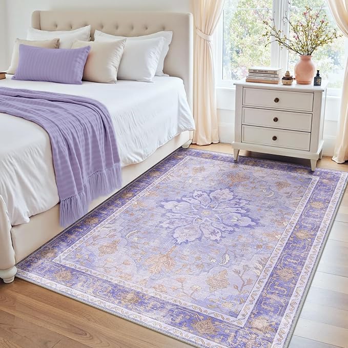 RELEANY Area Rugs 4'x5' Washable Non-Slip, Floral Vintage Distress Medallion Carpet for Living Room Bedroom Dining Room, Light Purple Brown