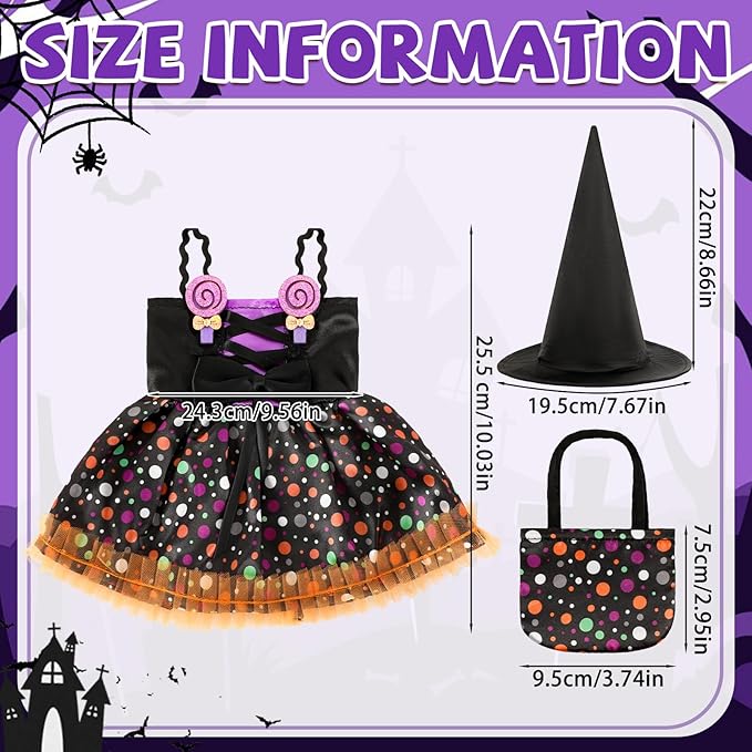 JANYUN 18 Inch Doll Clothes Accessories, Halloween Witch Costume Candy Corn Suit Set with Witch Hat Candy Bag for Doll Halloween Costumes Gifts for Children
