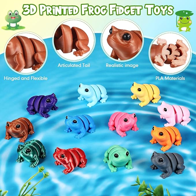 Honoson 12 Pcs 3D Printed Fidget Toy 3D Printed Cute Frog Small Animal Toy Flexible Cute Articulating Pet Stress Relief Fidget Toys for Play and Display(5cm)