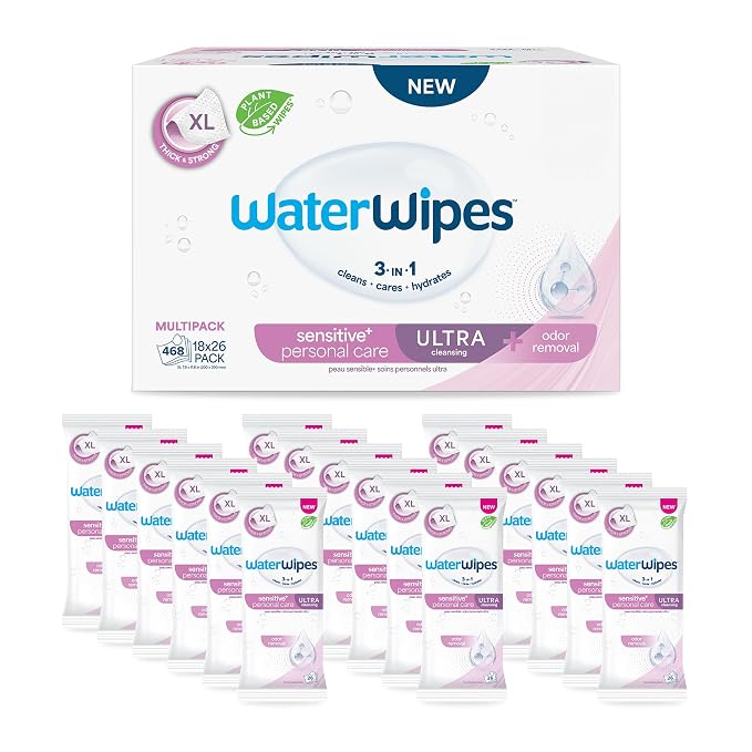 WaterWipes Sensitive Personal Care Ultra, Incontinence Wipes, Odor Removal, Heavy Duty XL Textured Wipes, Fragrance Free, 468 Count (18 Packs)