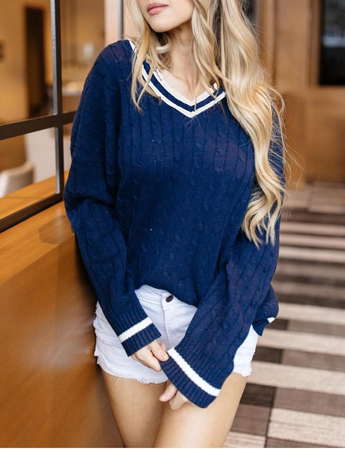 InterNos Women's Casual V Neck Long Sleeve Sweater Trendy Striped Pullover Cable Knit Preppy Sweaters