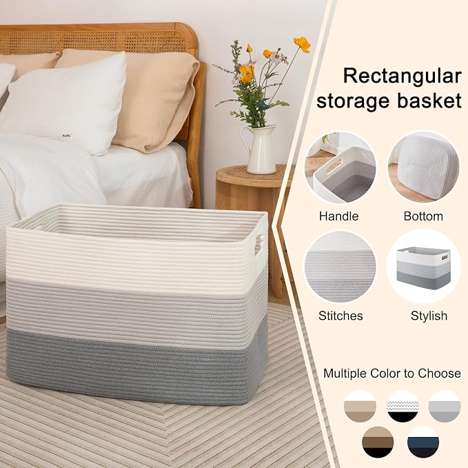 OIAHOMY 108L Large Cotton Rope Basket, Rectangle Woven Baskets for Storage, Nursery Blanket Storage Living Room, Toy Basket With Handle-25”x16”x16”-Gradient Grey