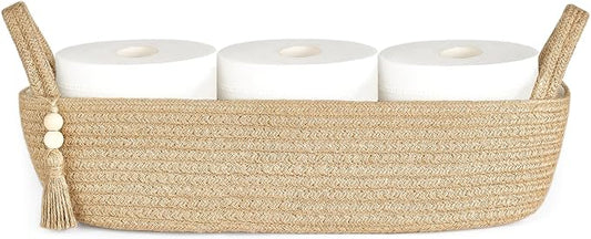 Mkono Toilet Paper Basket, Boho Bathroom Decor, Small Storage Organizer | Brown, 15.7"L x 6"W, Back of Toilet Basket, Decorative Woven Tray with Handles, Space-Saving, Living Room Bedroom, 1 Pack