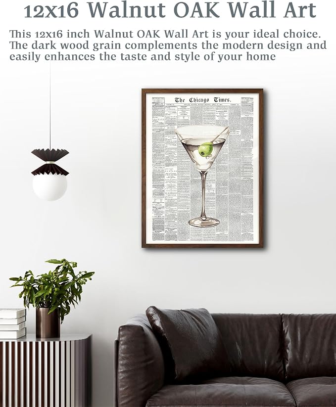 EcoHest 12x16 in Martini Newspaper Framed Wall Art for Bar Cart | Walnut Color Solid Oak Frame, Canvas Wall Art, Martini Bar Cart Decor for Living Room, Apartment, Dorm Room, Bedroom, 1Pack
