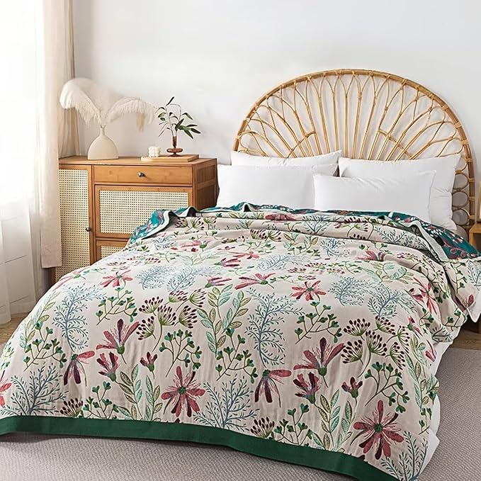 Boho Throw Blanket for Bed 100% Cotton Bohemian Blankets Ultra Soft Woven Muslin Decorative Blankets All Seasons Vintage Quilt Knitted Blanket for Sofa Chair(Green, 80"x90")