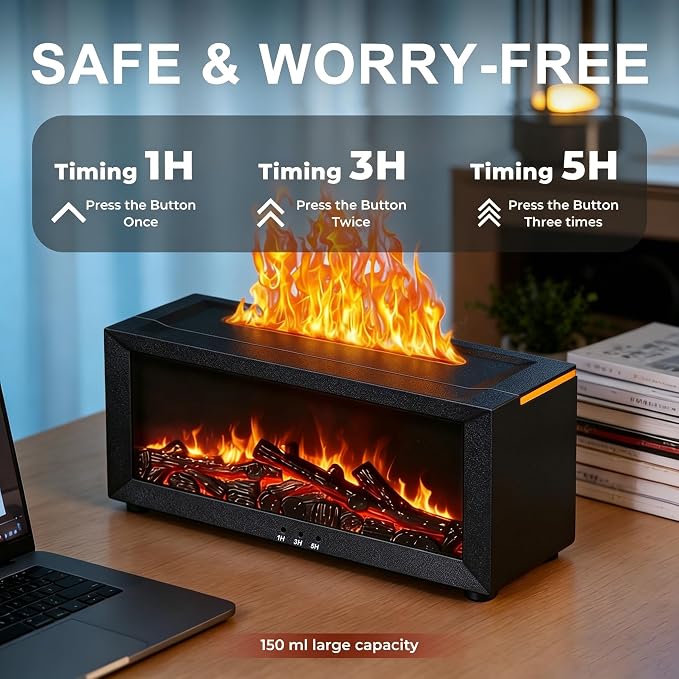 Fireplace Flame Essential Oil Diffuser, 7-Color LED Ultrasonic Aromatherapy Humidifier, 150ml, Cool Mist, with Remote Control and Timer, for Home Bedroom Office Yoga (Black)