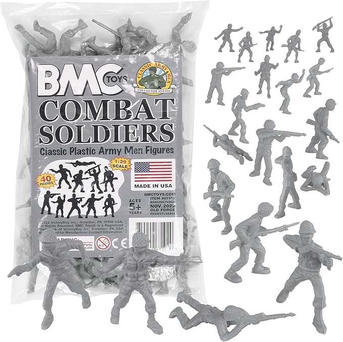BMC Classic Gray Plastic Army Men - 40pc WW2 Soldier Figures - Made in USA