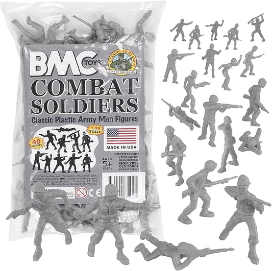 BMC Classic Gray Plastic Army Men - 40pc WW2 Soldier Figures - Made in USA