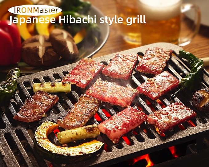 IronMaster Hibachi Grill Outdoor, Small Portable Charcoal Grill, Pre-Seasoned Cast Iron, Japanese Yakitori Camping Grill - 2 Heights, Air Control, Coal Door, Ideal for 2 People