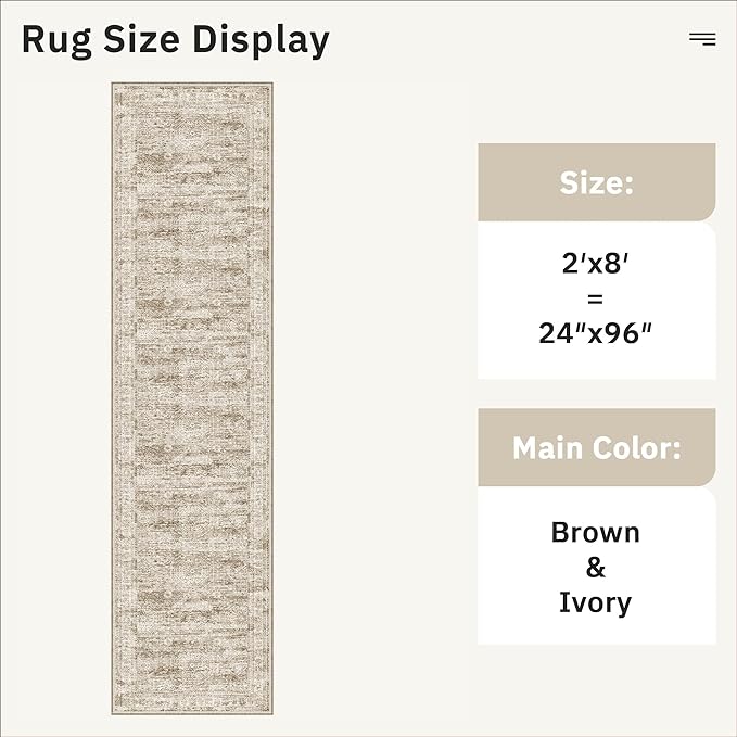 Soalmost Runner Rug 2x8 Washable Non-Slip Hallway Kitchen Runners Brown | Stain Resistant Vintage Rugs for Bathroom Laundry Room, Low Pile Foldable Floor Carpet Mat for Entryway Corridor Bedroom