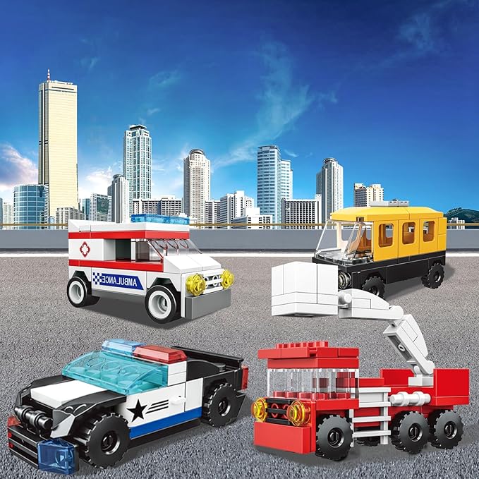 16 Pack Building Blocks Party Favors for Kids, Lego-Compatible 2 in 1 710pcs Building Kits Mini City Vehicles Include Police Car & Train, Christmas Toy Gifts Goodie Bag Filler Stuffers for Boys Girls
