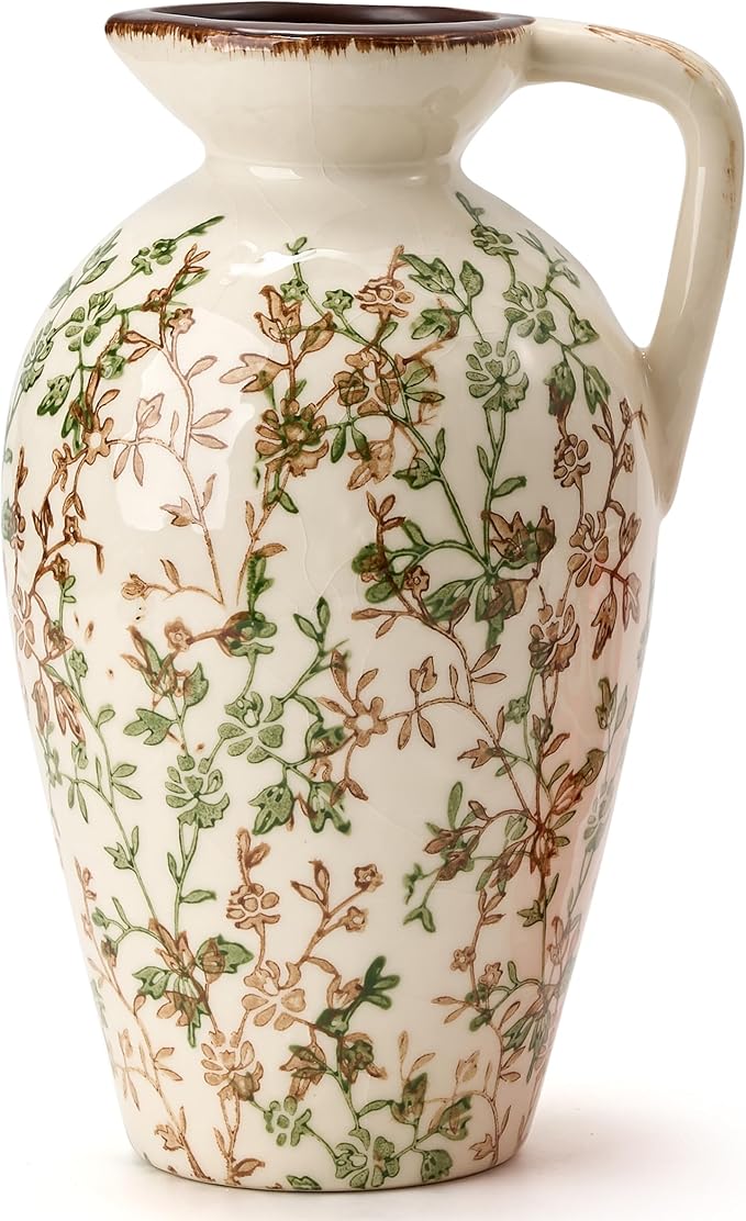 Green and Beige Antique Vase, 8.9 Inch Vintage Chinoiserie Floral Vase, Rustic Ceramic Vase for Home Decor, Living Room, Bookshelf, Office, Entryway, Garden, Chinoiserie Decor, Tuscan Decor