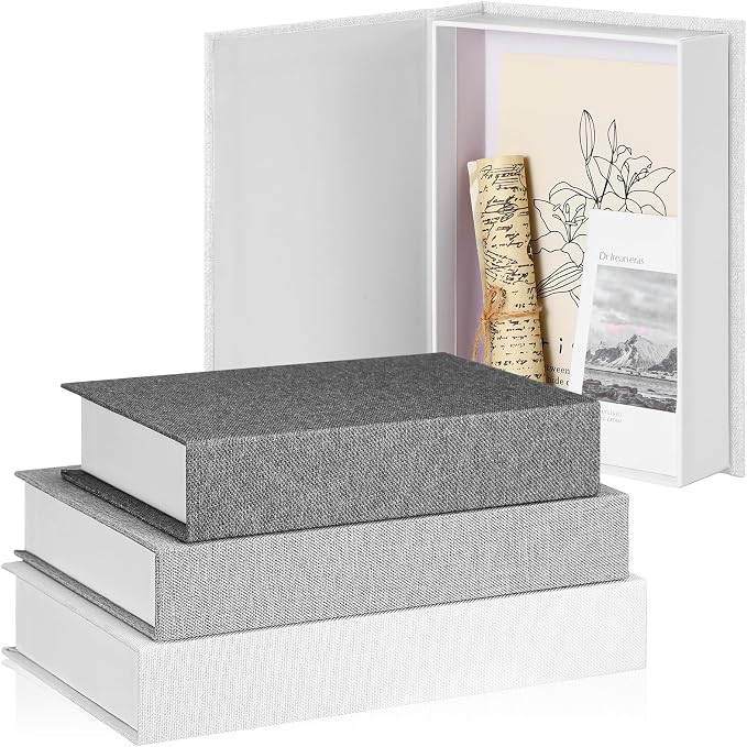Tioncy 3 Pcs Decor Linen Faux Book Box Set Aesthetic DIY Fake Linen Book Box for Decor Storage Cafe Table Bookshelf Gift Home Keepsake(Multi Sizes,Gray Tone)